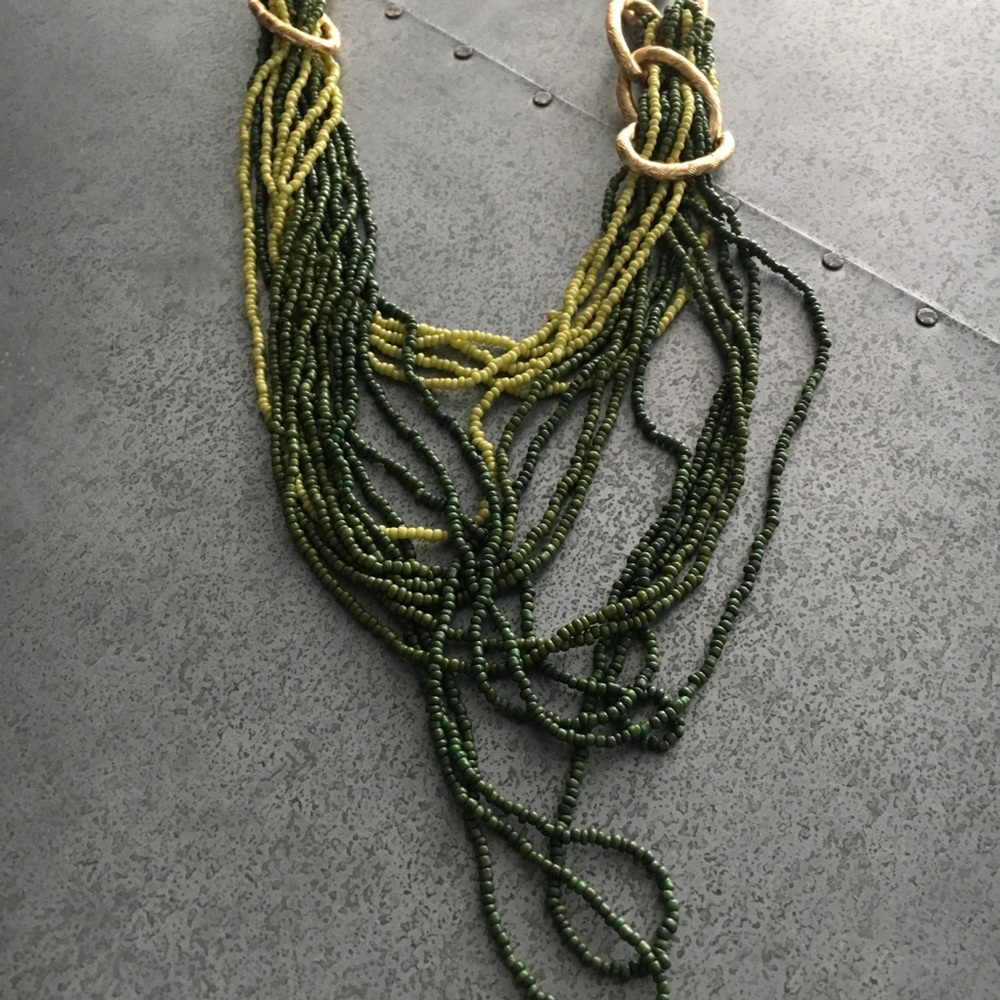 Green Drapey Beaded Necklace on Large Gold Loops - Picture 3 of 4